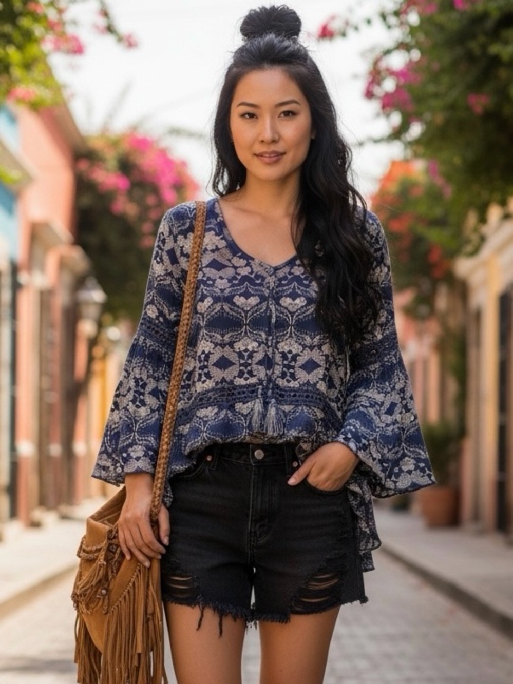 Patrons of Peace Navy and Cream Printed V-Neck Bell Sleeve Top